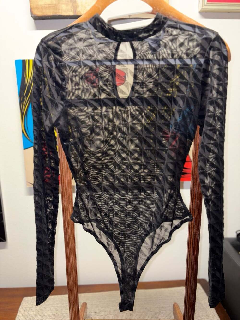 Steps NY Sheer Mesh Bodysuit Size S Black Velvet Geometric